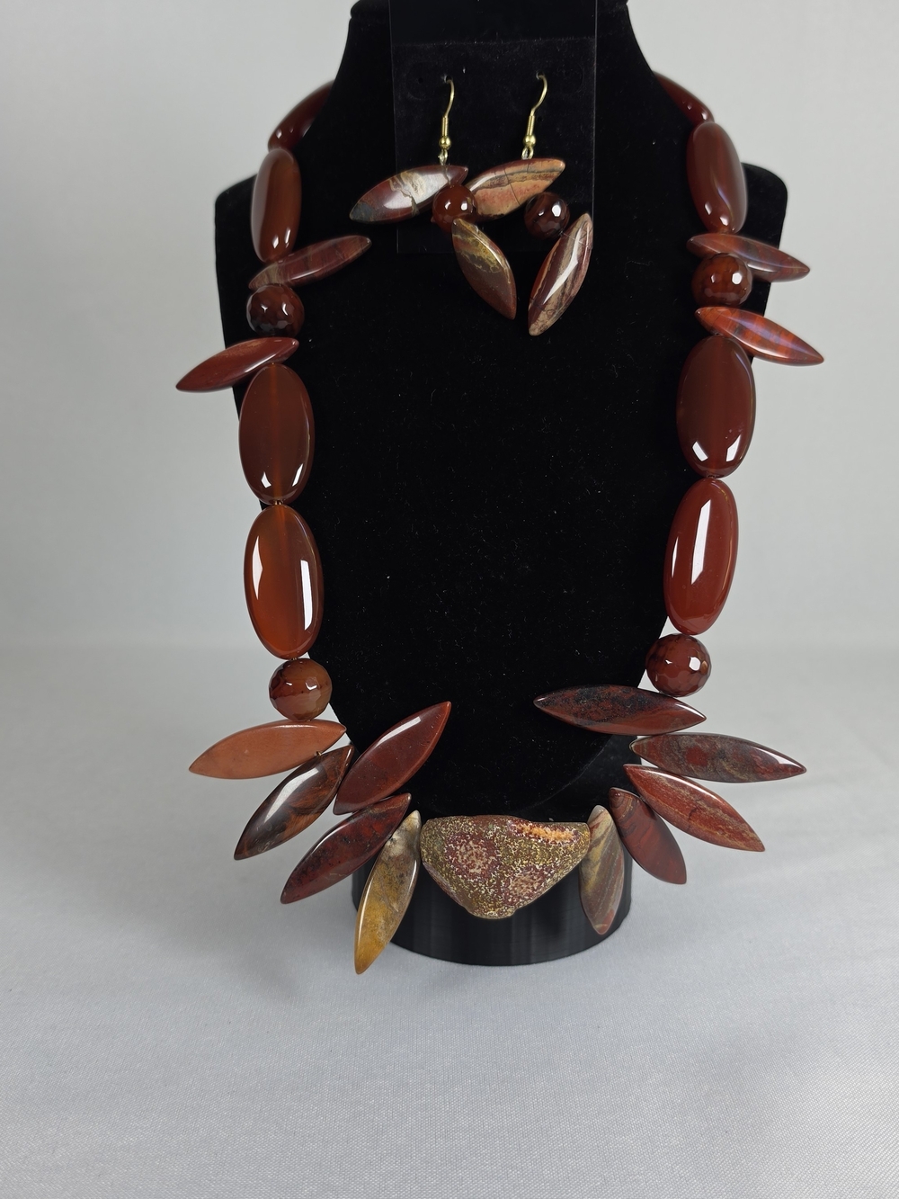 Artisan Red Jasper Carnelian Agate Statement Necklace Earring Set Magnetic New